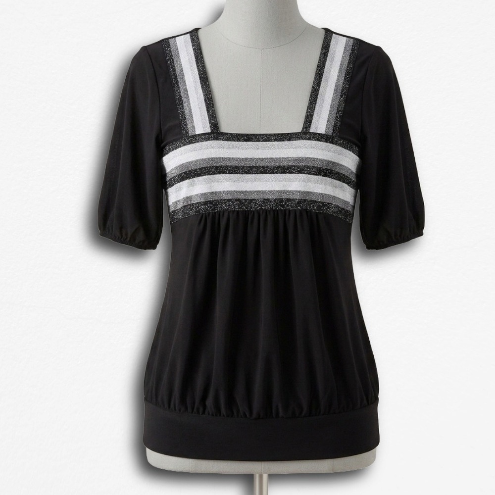 Siren Lily Women 2X Black Y2K Empire Waist Glitter Stripe Puff Sleeve Blouse